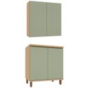 Ver imagem 1 de Kit Armário Aéreo e Balcão 100% MDF 80 cm 2 Portas Lótus Carvalho/Verde