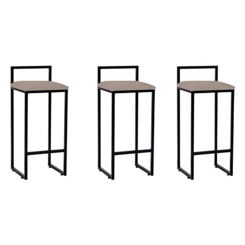 Kit 3 Banquetas Bar Cozinha Bistrô Altas em Aço Industrial Dori Preta Assento Suede Bege