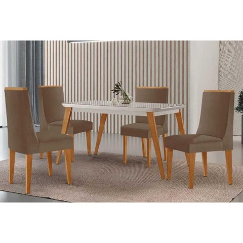 Conjunto: Mesa Sala Jantar Havana Canto Curvo 120cm + 4 Cadeiras Dakota Naturale/off White - Suede