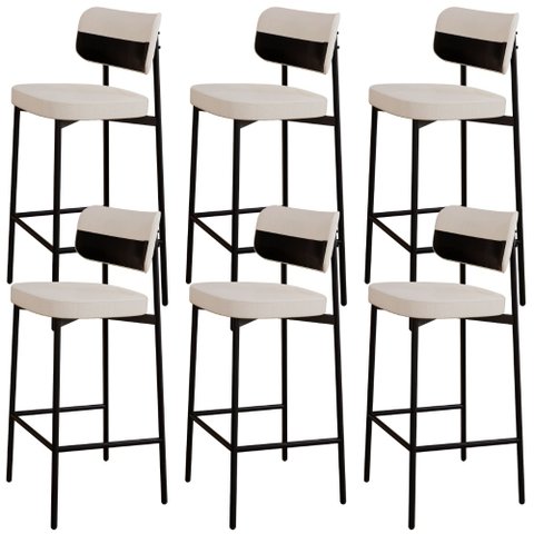 Kit 06 Banquetas Alta Bar Cozinha Sala de Jantar Aço Preto Kaira C01 Linho Palha Courino Preto - Lya