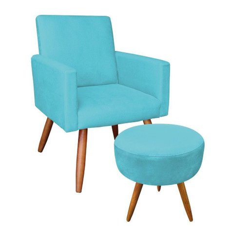 Kit Poltrona E Puff Redonda Azul Turquesa e Castanho