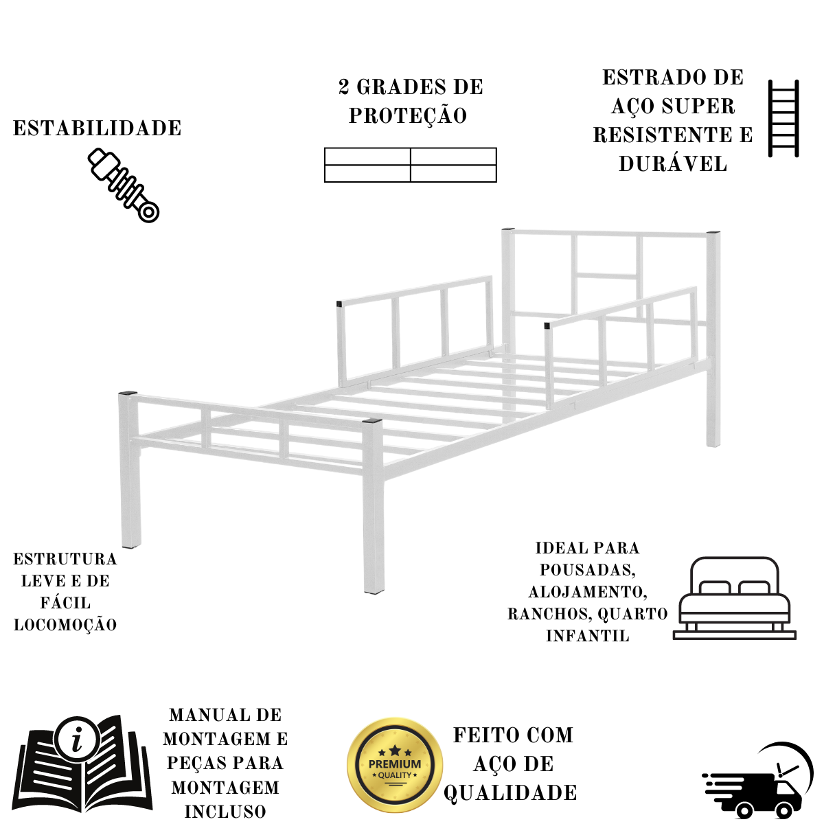 Cama Solteiro em Aço Tubular Grade de Segurança Integrada:branco - 3