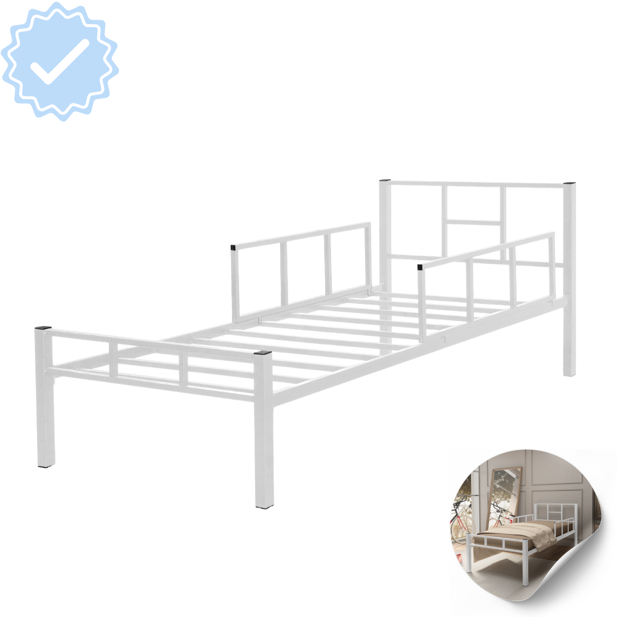 Cama Solteiro em Aço Tubular Grade de Segurança Integrada:branco - 1