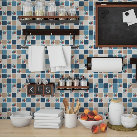 Papel de Parede Pastilhas Floridas Cinza e Azul - 3,00x0,50m