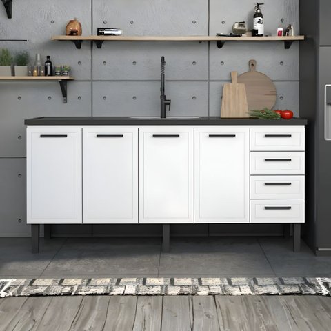 Gabinete de Cozinha 194cm Armário 100% Aço 4 Porta 4 Gavetas:branco
