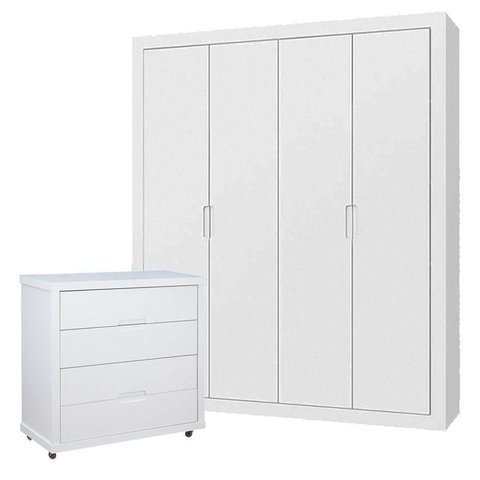Guarda Roupa 4 Portas e Cômoda Gaveteiro Tutto New Branco Acetinado - Matic