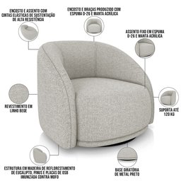 Poltrona Decorativa Giratória Angelina M03 Linho Bege - Lyam Decor - 4