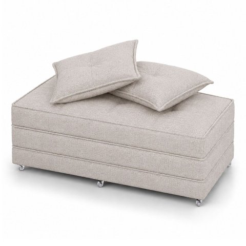 Puff Cama Dobravel Casal 130cm com Rodizios e Almofadas Cor: Linho Champanhe