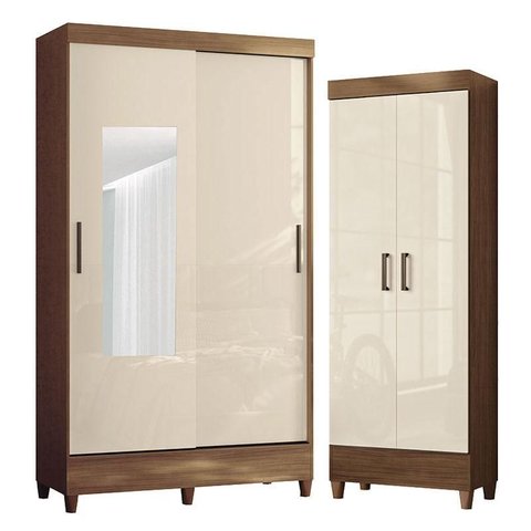 Guarda Roupa Solteiro 2 Portas de Correr com Espelho e Pés e Armário Multiuso com Pés Fit