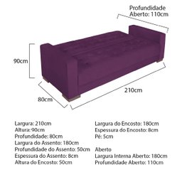 Sofá Cama 3 Lugares Jobim Suede - Doce Sonho Móveis SOFÁ CAMA SOFÁ 3 LUGARES Roxo - 3