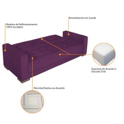 Sofá Cama 3 Lugares Jobim Suede - Doce Sonho Móveis SOFÁ CAMA SOFÁ 3 LUGARES Roxo - 4