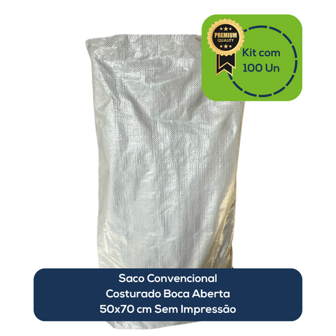 Kit com 100 Un Saco Convencional Costurado Boca Aberta Branco 50x70cm sem Impressão