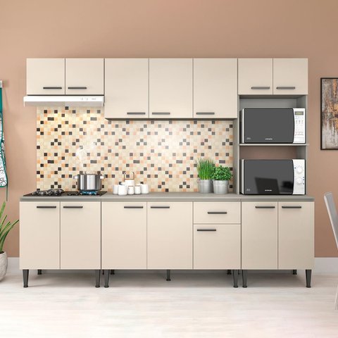 Cozinha Modulada com Balcão Tampo Max 262cm Armário Nicho Forno/micro Mdp Cinza Champanhe - Clicklar