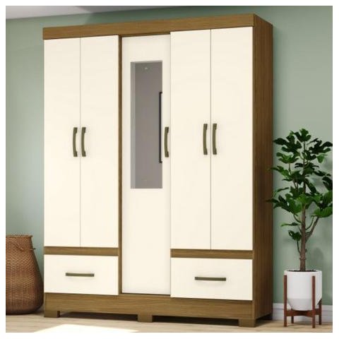 Guarda-Roupa Casal com Espelho B60 5 Portas e 2 Gavetas Briz Nature/Off White - Henn