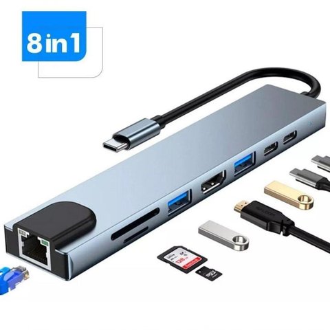 Adaptador Hub Type C 8x1 Hdmi 4k, Lan, Usb 3.0, Leitor Sd para Macbook