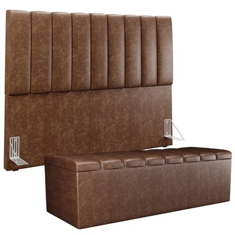 Kit Cabeceira Cama Box Queen 160cm Calçadeira Baú Dália W01 Couríssimo Marrom - Lyam