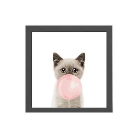 Quadro Quadrado Gatinho Bola Chiclete 20x20cm:Madeira branca