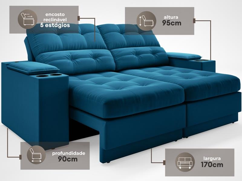 Sofá com Porta Copos e Carregador USB Eureka 1,70m Assento Retrátil e Reclinável Velosuede - 3