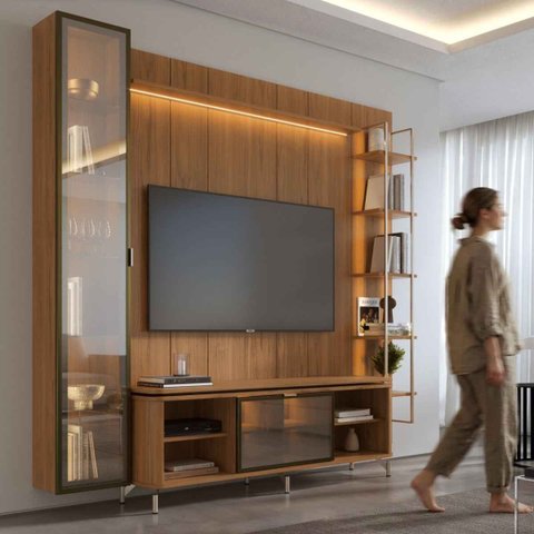 Estante para TV Home Theater 75" 100% MDF 254cm 5 Prateleiras Cristaleira Vidro Reflecta LED Canella