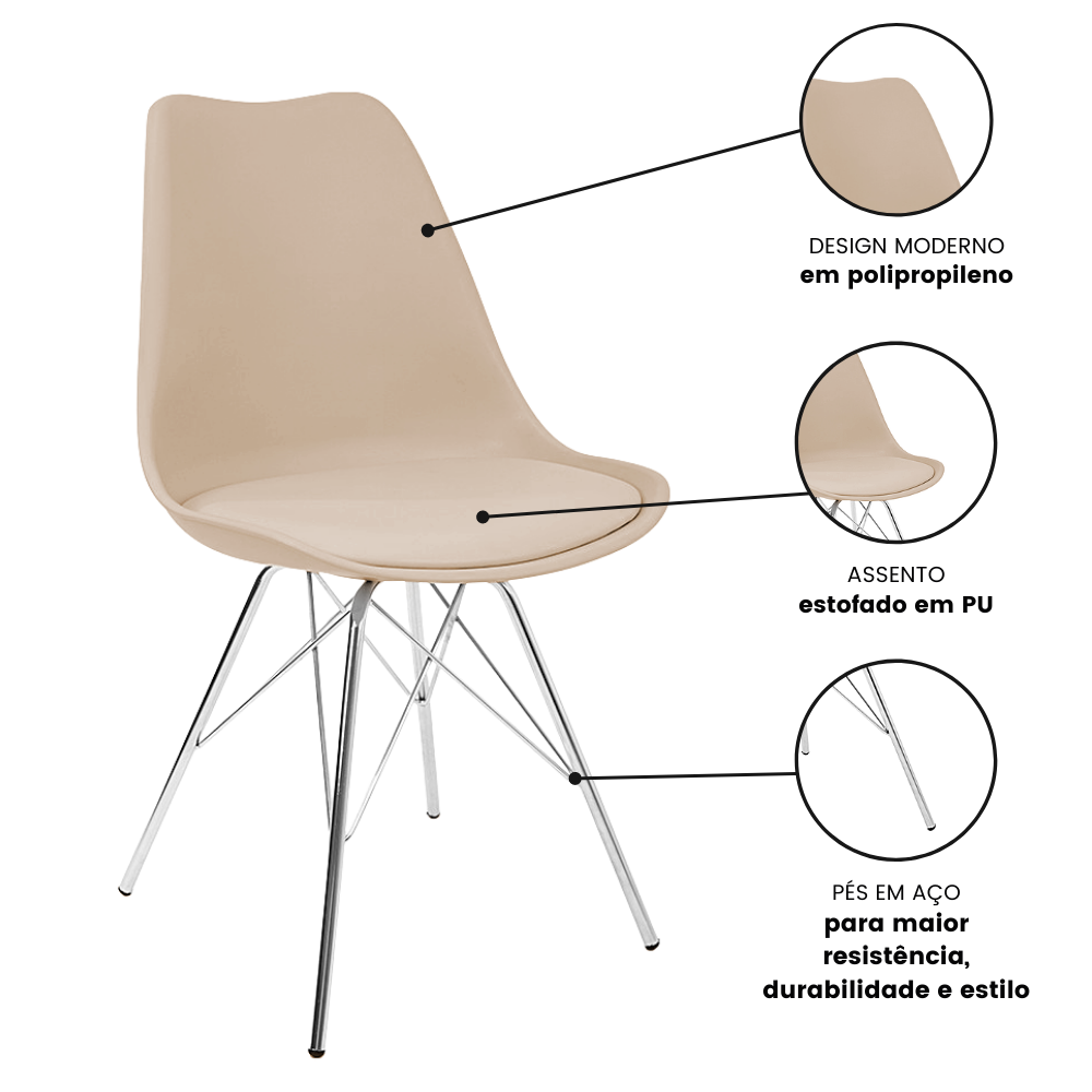 Kit 6 Cadeiras Leda Estofada Eames Fendi Tower Cromado - 6