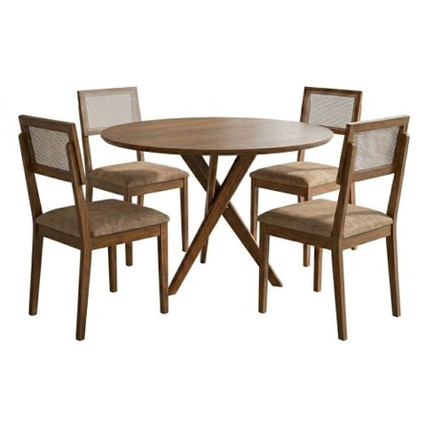 Mesa de Jantar Redonda Cacau com 4 Cadeiras Estofadas Encanto Corino Kaki Ornar