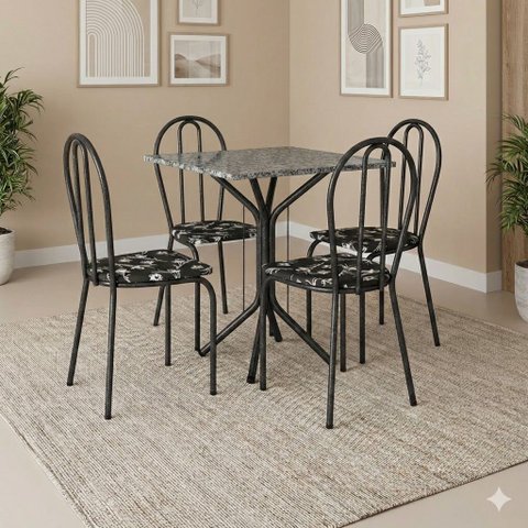 Conjunto Sala de Jantar 1 Mesa Tampo Granito Quadrado 4 Cadeiras Thais