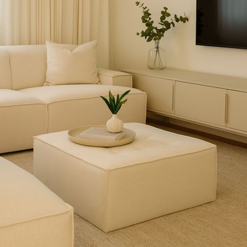 Puff Decorativo Quadrado 65x65 Linho Bege para Sala e Quarto Bz Home Decor