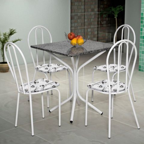 Conjunto Sala de Jantar Mesa Tampo de Granito Quadrada com 4 Cadeiras Thais Branco/Flor