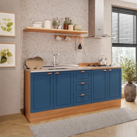 Cozinha Pérola com Rodapé 2 Peças Balcão 3 Gavetas 2 Portas e Balcão 2 Portas Yescasa Azul/Freijó
