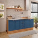 Ver imagem 1 de Cozinha Pérola com Rodapé 2 Peças Balcão 3 Gavetas 2 Portas e Balcão 2 Portas Yescasa Azul/Freijó