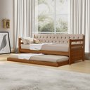 Ver imagem 2 de Bicama Solteiro Verona Castanho Estofado Capitonê Veludo Bege com Cama Auxiliar + 2 Colchões