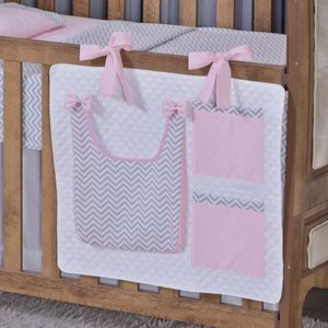 Porta Treco e Fralda Organizador Quarto de Bebê Menino Menina 1 Peça com Laço:chevron Rosa