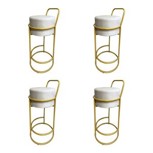 Kit 4 Banquetas Alta Redonda Base Dourada Veludo - Bege