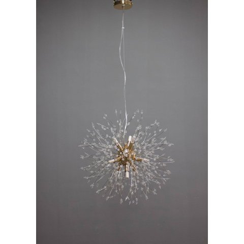 Lustre Pendente Dente de Leão Cristais Dourado Redondo 6g9 45cm