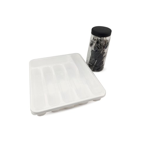 Jogo de Talheres Inox Cabo de Plástico 24 Peças + Porta Talheres Extra Grande 6 Divisórias C/ Tampa 