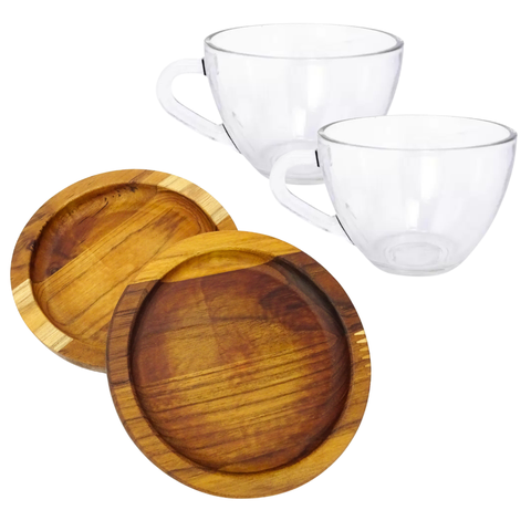 Kit Xicaras + Pires Madeira + Colher Dourada Mesa Posta Café