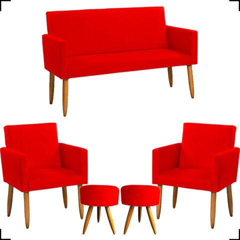 Kit Namoradeira Decorativa + 2 Poltronas Para Sala Reforçadas + 2 Puff Redondo Suede Vermelho