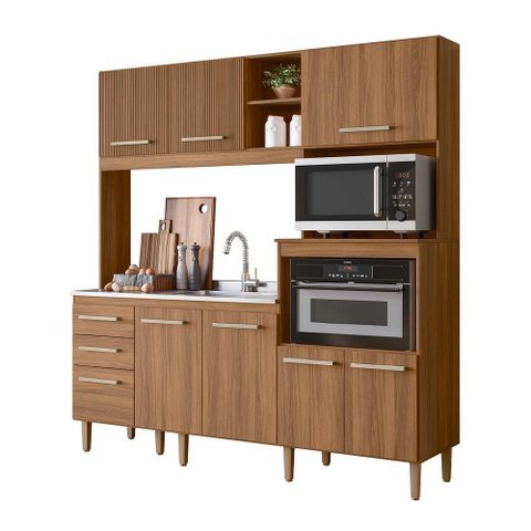 Cozinha Compacta Piatã 7 Portas 3 Gavetas sem Tampo Ipê/ipê/ripado Ipê - Nicioli