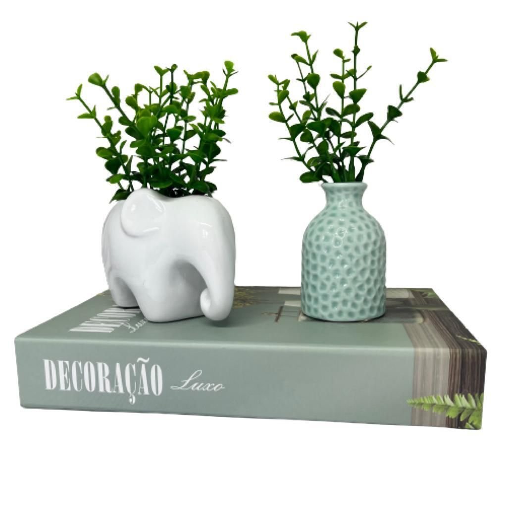 Kit decoração livro verde + elefante branco + mini vaso - 1