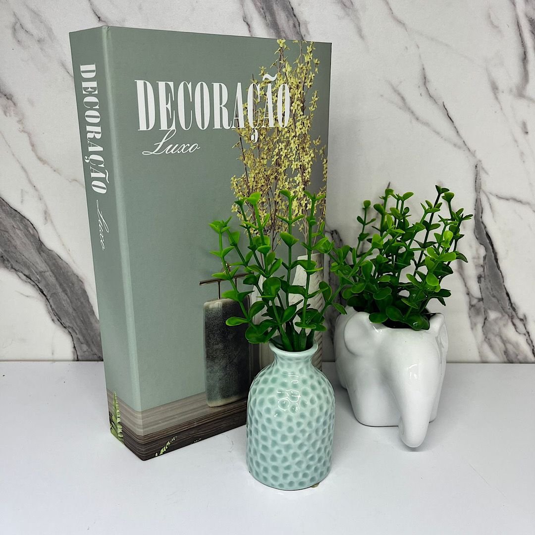 Kit decoração livro verde + elefante branco + mini vaso - 2