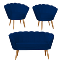Ver imagem 1 de Combo Pétala Namoradeira e 2 Poltronas Decorativa Estofada Suede Azul Marinho - LM DECOR