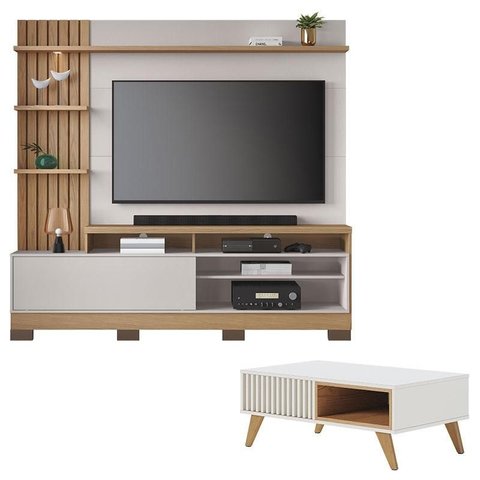 Estante Home Theater Maceió com Pés Freijó Off White com Mesa de Centro Jeri Off White Freijó - Coli