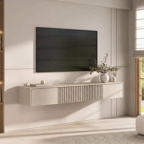 Rack Suspenso Ripado 180cm para TV 75 Polegadas Off-White CabeCasa MadeiraOriginals