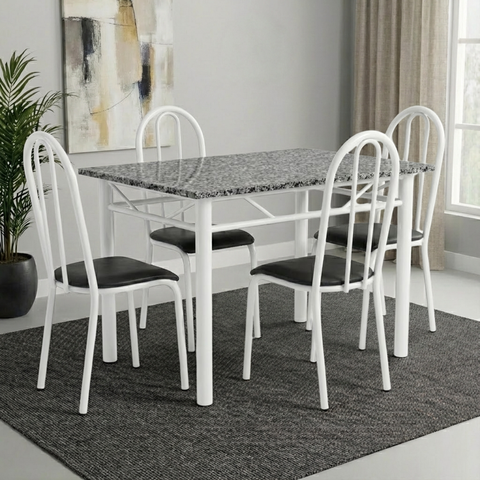 Conjunto Mesa de Jantar 4 Lugares Retangular em Aço com Tampo em Granito Monique Mescla Branco/Preto