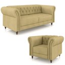 Ver imagem 2 de Conjunto Sala de Estar 1 Sofá Living 220cm e 1 Poltrona Stanford Chesterfield Pés Madeira Couro Bege