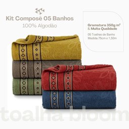 Kit 05 Toalhas de Banho Avulsas Amarelo, Marrom, Verde, Vermelho e Azul - 3
