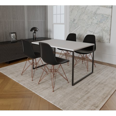 Mesa Industrial Base Ferro Preto Tampo 137x90 Branco 4 Cadeiras Eames Ferro Cobre Assento Preto