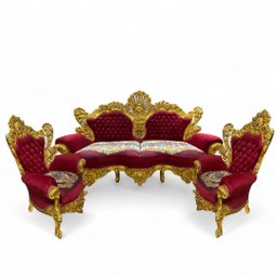 Jogo de Sofá Clássico Vermelho com Dourado + Par de Poltronas 265x162x100cm - 2