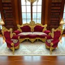 Ver imagem 1 de Jogo de Sofá Clássico Vermelho com Dourado + Par de Poltronas 265x162x100cm