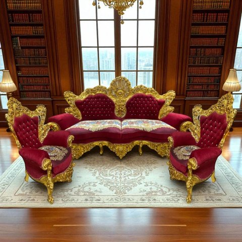 Jogo de Sofá Clássico Vermelho com Dourado + Par de Poltronas 265x162x100cm